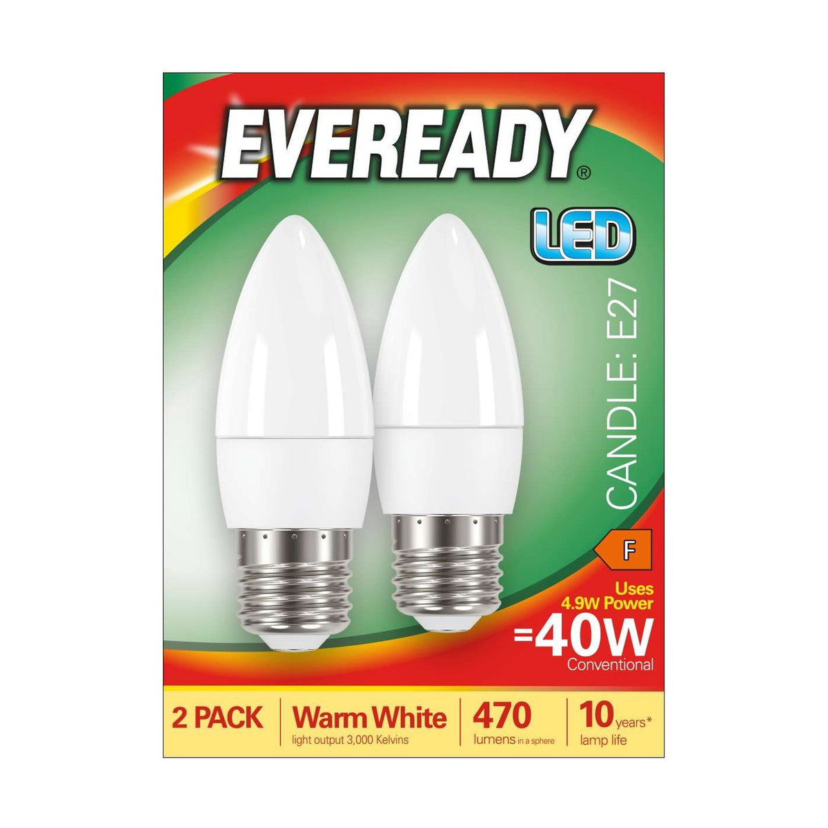 E27 (ES) LED Candle Bulb 4.9W 470lm - Warm White 3000K, 2 Pack retail pack