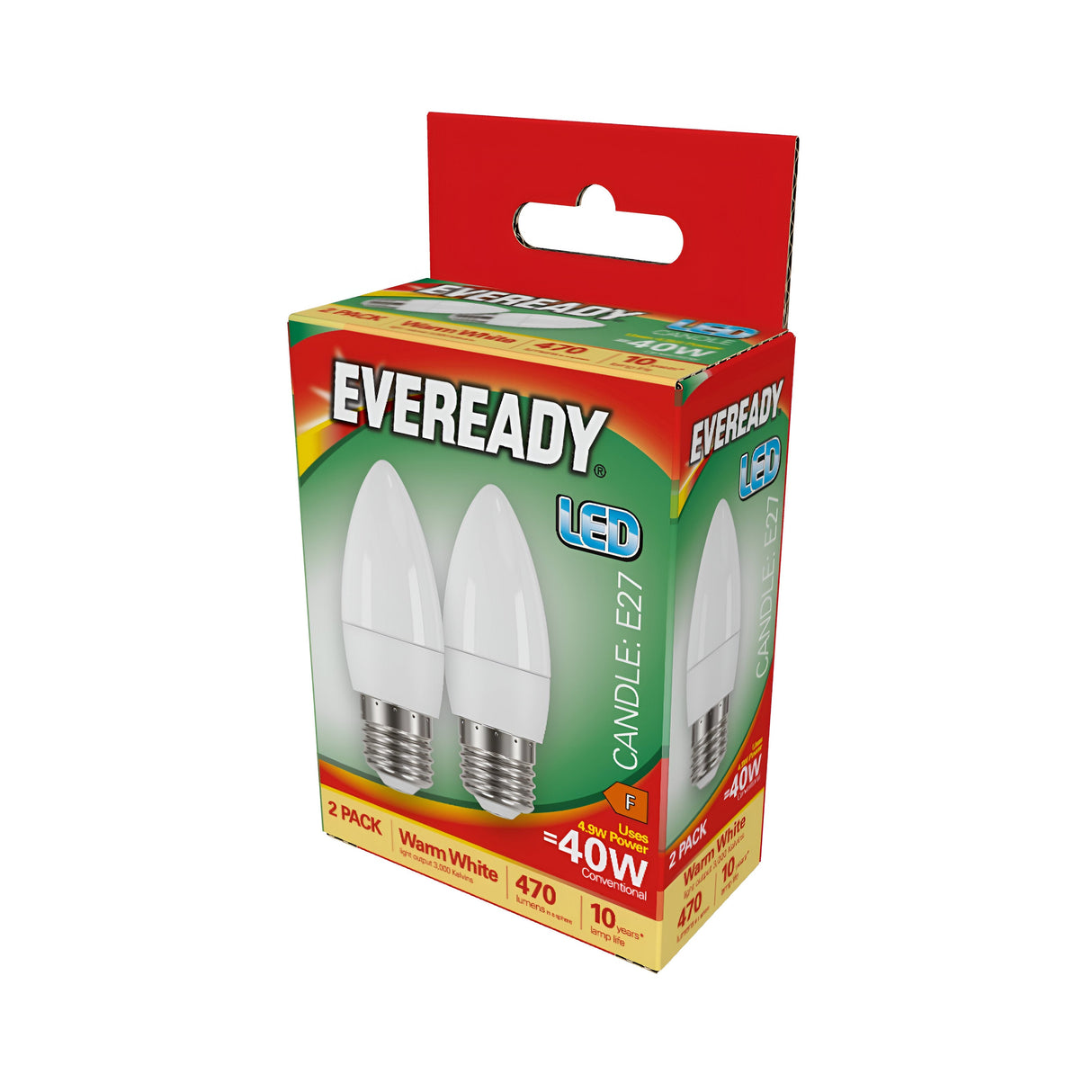 The image displays a box containing two Eveready 4.9W Non-Dimmable LED Candle Bulbs. The red packaging highlights their energy efficiency with warm white light (3000K), offering an E27 base and generating 470 lumens, equivalent to a 40W bulb.