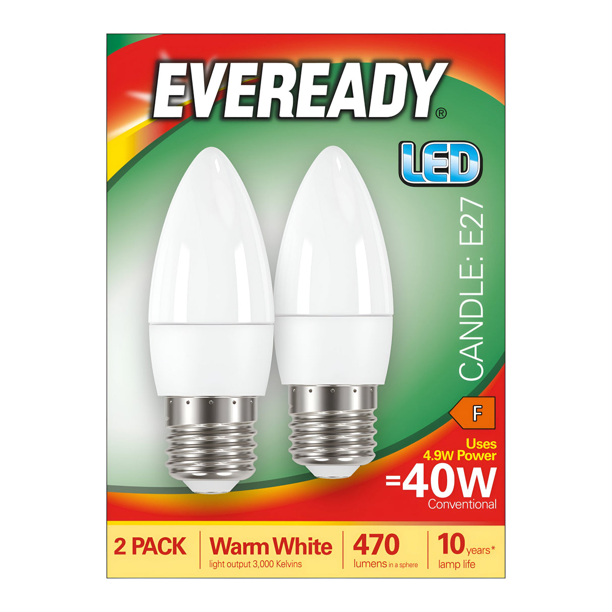 Introducing the Eveready 4.9W Non-Dimmable LED Candle Bulb - Warm White, E27, 3000K in a convenient 2-pack. These bulbs provide warm white light (3000K) with an output of 470 lumens. Designed for optimal energy efficiency, they consume only 4.9 watts while delivering brightness equivalent to a conventional 40W bulb. With an energy class rating of F and a lifespan of up to 10 years, these bulbs feature packaging predominantly in green and white design.
