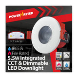 The PowerMaster LED Recessed Fire Rated Downlight features adjustable CCT options (6500K, 4000K, 3000K) and an IP65 rating. This 5.5W dimmable light ensures efficient, versatile illumination for any space.