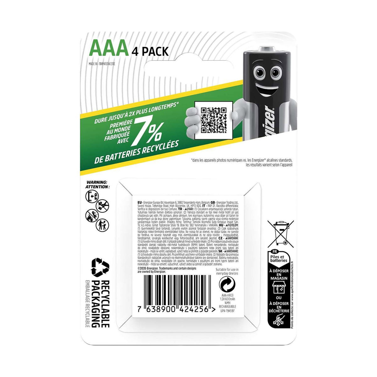 Energizer Recharge Universal AAA Batteries (HR03) - 4 Pack retail pack