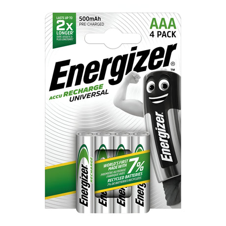 The packaging of the Energizer Universal AAA HR03 Rechargeable Batteries 500mAh (4 Pack) features a character on the right. Emphasizing sustainable power solutions, it highlights that the product incorporates 7% recycled batteries and promises up to twice the longevity. These rechargeable batteries arrive pre-charged with a capacity of 500mAh.