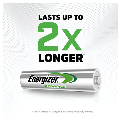 Image of an Energizer Universal AAA HR03 Rechargeable Battery lying horizontally. Text above reads "Long-lasting power, lasts up to 2x longer*." The background features a subtle, circular design.