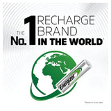 The image displays an Energizer Universal AAA HR03 Rechargeable Battery 500mAh (4 Pack) next to a globe, highlighting the title "The No. 1 Recharge Brand in the World." This battery offers a sustainable power solution. The background features circular lines with small text indicating, "Based on scan sales.