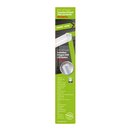 The packaging of the PowerMaster 4ft 20W LED Screwless Hinged Single Emergency Batten in cool white (4,000K) features green and white styling. It emphasizes emergency use, an IP20 rating, and boasts high-efficiency lighting with flicker-free technology, along with comprehensive product specifications.