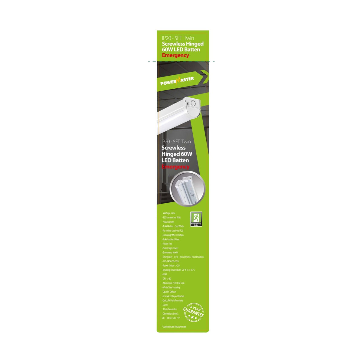 60W 5ft IP20 Emergency Twin LED Batten - Cool White 4000K retail pack