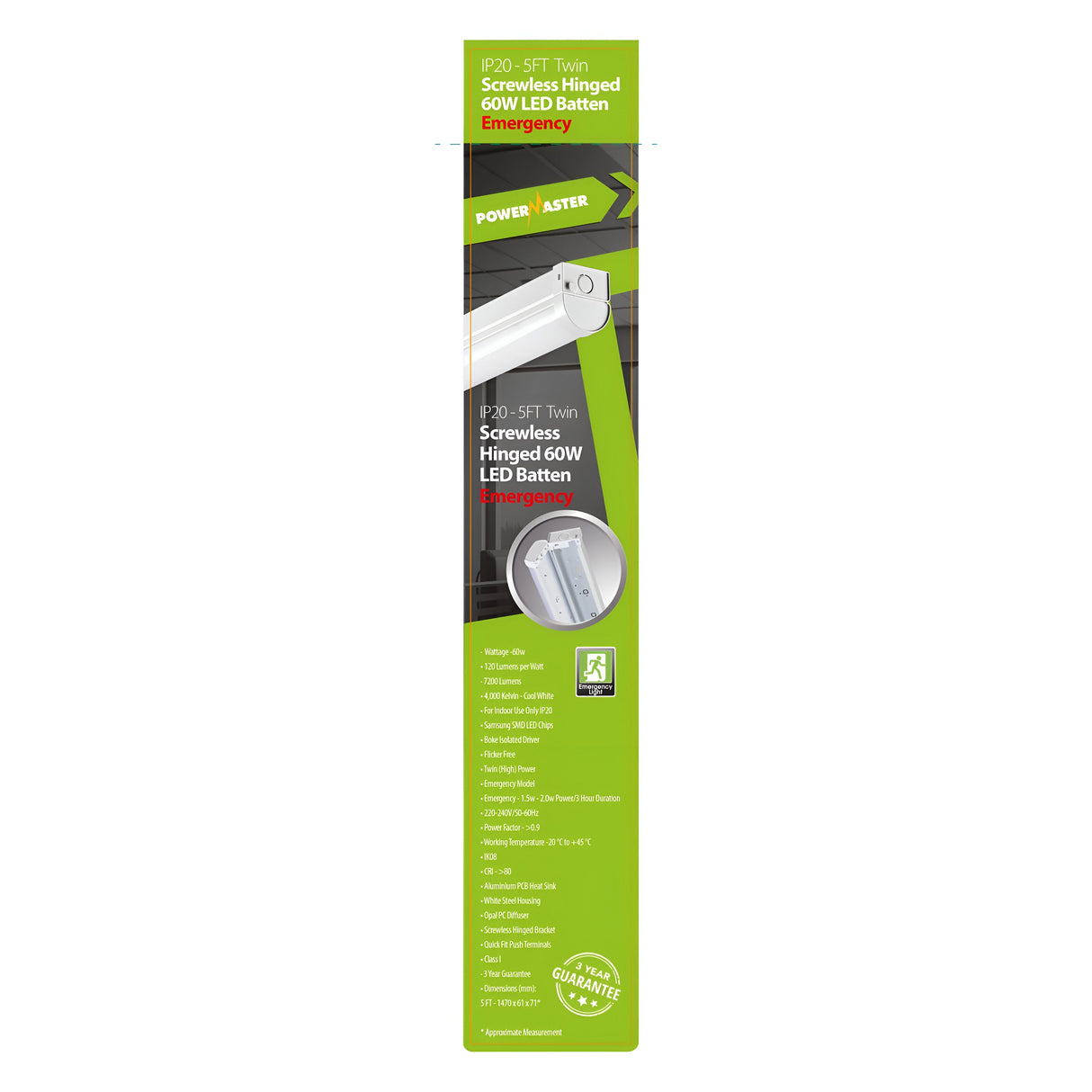 The PowerMaster 5ft 60W LED Screwless Hinged Twin Emergency Batten in Cool White (4,000K) prominently displays energy efficiency details. Its stylish green and white design is complemented by comprehensive specifications on the front, underscoring its effectiveness in providing efficient emergency lighting.