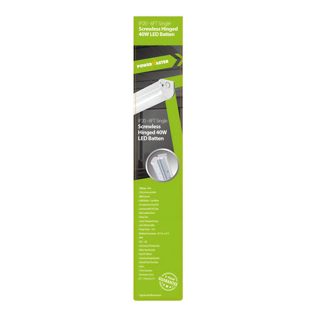 Explore environmentally conscious packaging with the PowerMaster 6ft 40W LED Screwless Hinged Single Batten - 4,000K, Cool White. This product includes an image, comprehensive specifications, flicker-free technology, and prominently features a 5-Year Guarantee badge.