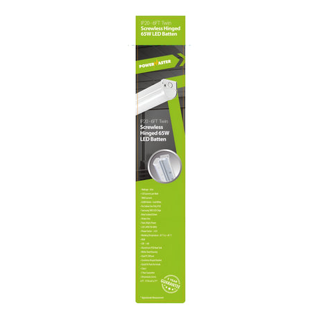 The packaging of the PowerMaster 6ft 65W LED Screwless Hinged Twin Batten - 4,000K, Cool White highlights its high-performance lighting features. The green and white design incorporates product information, an image of the LED batten, and prominently displays a 2 Year Guarantee label.