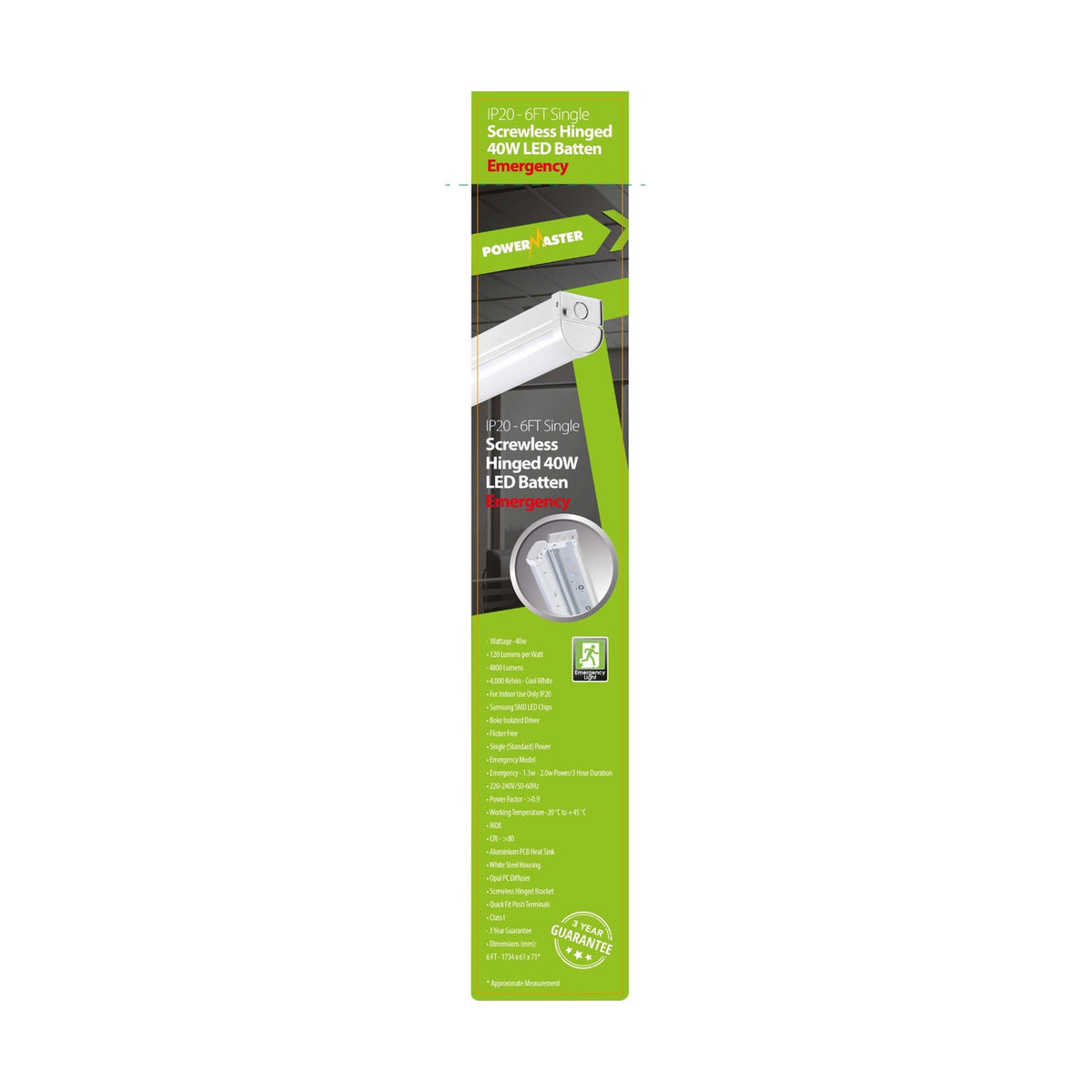 40W IP20 LED 6ft Emergency Batten - Cool White 4000K retail pack