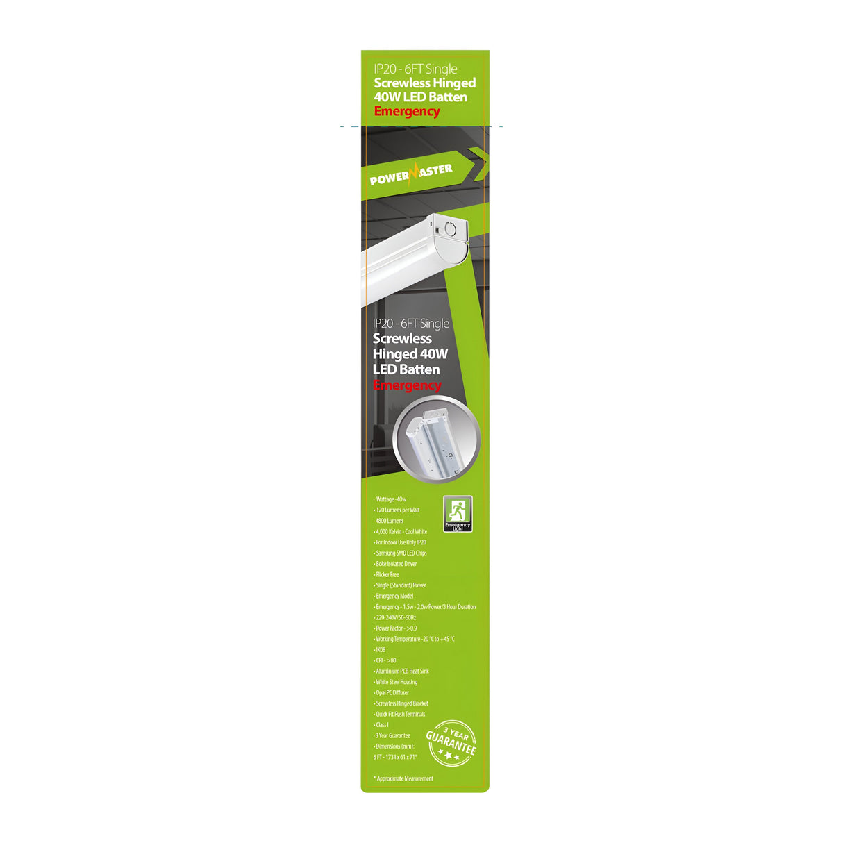 The packaging for the PowerMaster 6ft 40W LED Screwless Hinged Single Emergency Batten in green and white highlights its specifications, including voltage, IP rating, and an impressive efficiency of 130 lumens per watt. It features emergency lighting capabilities, quick-fit push terminals, and a label indicating a 3-year warranty. The design aligns with the product name and description by emphasizing functionality and performance.