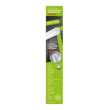 The packaging for the PowerMaster 6ft 65W LED Screwless Hinged Twin Emergency Batten - 4,000K, Cool White highlights its flicker-free technology and emergency lighting features. It includes a product image, emphasizes energy efficiency and easy installation, all in a green and gray color scheme.