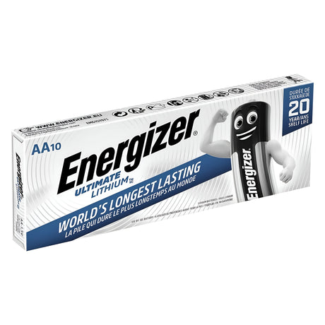 A 10-pack of Energizer Ultimate AA L91 Lithium batteries is showcased in its packaging, featuring a cheerful battery character and highlighting Long-lasting Power and a 20-Year Shelf Life in both English and French, guaranteeing dependable performance even under Extreme Temperature conditions.