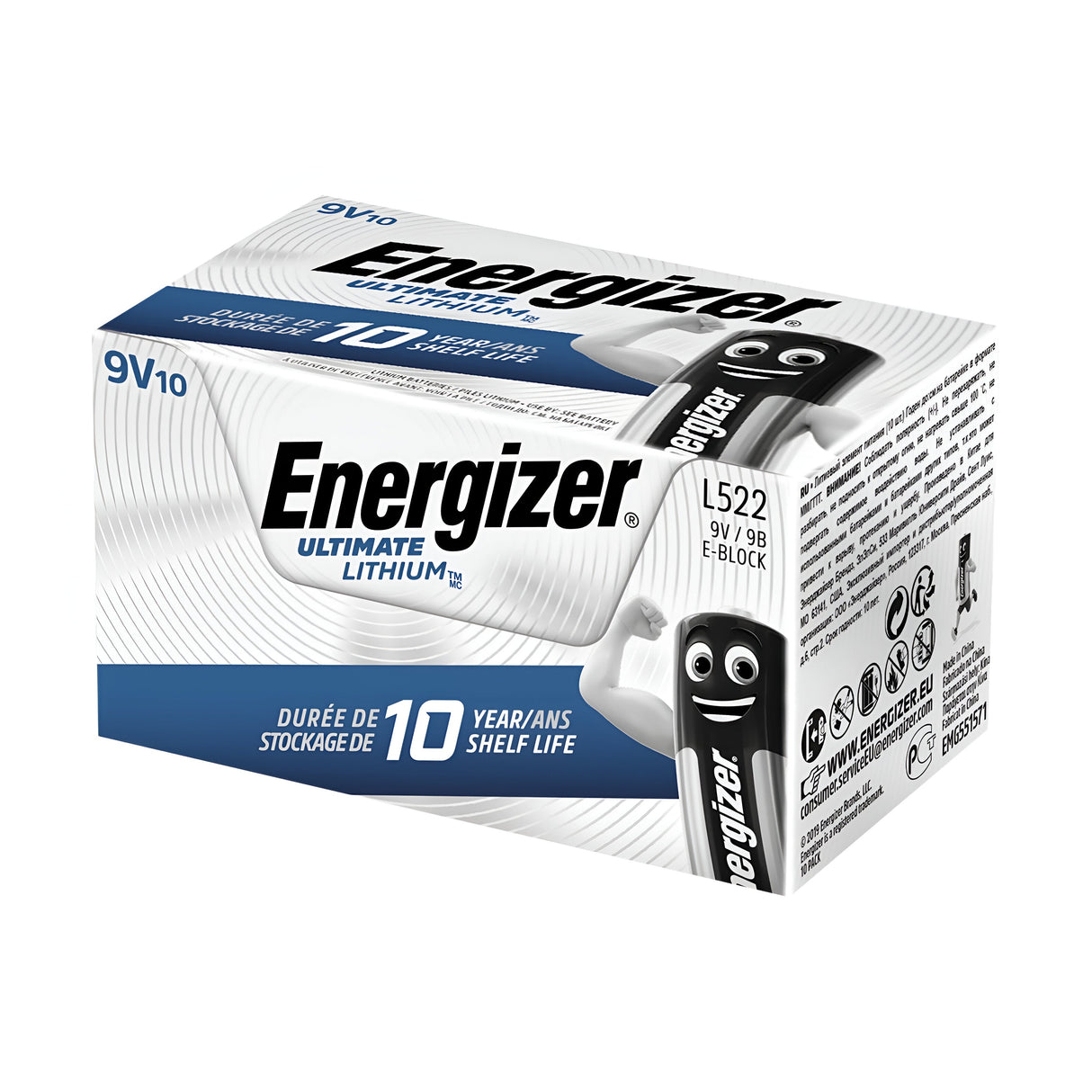 A box of Energizer Ultimate 9V PP3 L522 Lithium Batteries (10 Pack) features a prominent logo alongside a cartoon battery character with a smiling face on the side. The packaging highlights the long-lasting power and a 10-year shelf life, and includes detailed product information and labels.