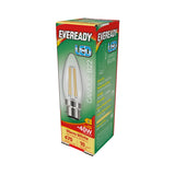 A green box with red accents contains the Eveready 4W Non-Dimmable LED Candle Filament Bulb, B22 model, which emits a warm white light at 2700K and is equivalent to a 40W bulb. With vintage aesthetics and exceptional energy efficiency, it boasts a lifespan of up to 10 years while producing 470 lumens.