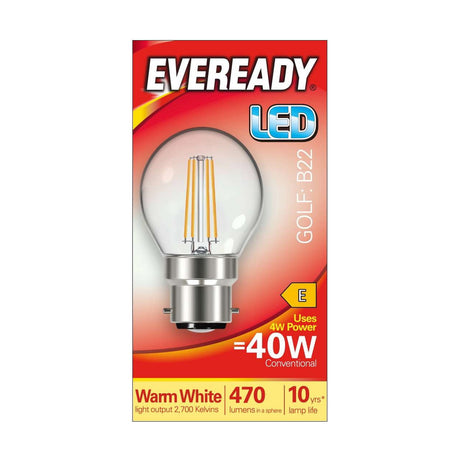 B22 (BC) LED Filament Golf Bulb 4W 470lm - Warm White 2700K retail pack