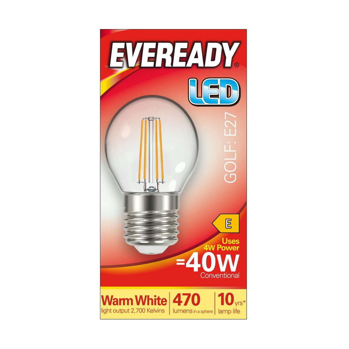 E27 (ES) LED Filament Golf Bulb 4W 470lm - Warm White 2700K retail pack