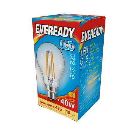 Image of an Eveready LED light bulb box. The packaging is predominantly blue with red accents, showcasing a picture of the energy-efficient LED filament bulb. It lists specifications: GLS B22, 4W non-dimmable, warm white light at 470 lumens (40W equivalent), and a remarkable 10-year lifespan.