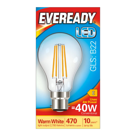 Product packaging features the Eveready 4W Non-Dimmable LED GLS Filament Bulb - Warm White, B22. It delivers illumination equivalent to a 40W bulb, emitting 470 lumens at a color temperature of 2700K. With a lifespan of up to 10 years and an energy rating of E, it provides energy-efficient lighting.