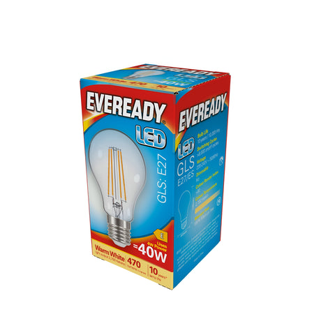 Image of an Eveready LED filament bulb box. The front displays the bulb design, labeled as a 4W Non-Dimmable LED GLS Filament Bulb with an E27 base, emitting a warm white glow at 2700K. The packaging features a predominantly red color scheme with blue accents and a yellow section highlighting its top-tier energy efficiency, delivering 470 lumens of brightness.