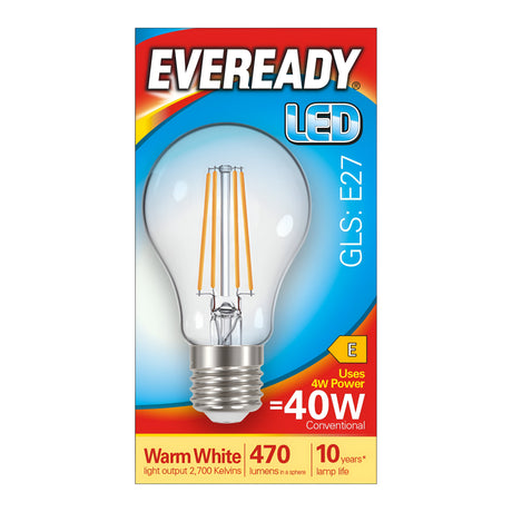 Image of the Eveready 4W Non-Dimmable LED GLS Filament Bulb packaging. The energy-efficient bulb, equivalent to a 40W incandescent, boasts an E27 base and emits a warm white glow at 2700K with a brightness of 470 lumens. The packaging emphasizes its LED filament design and boasts an impressive lifespan of up to 10 years.