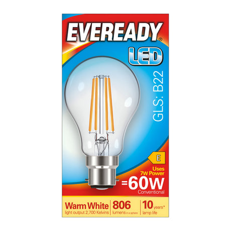 The package features an image of the Eveready 7W Non-Dimmable LED GLS Filament Bulb - Warm White, B22, 2700K. The blue and orange box highlights a bulb with specifications: Warm White (2700K), producing 806 lumens while using just 7W of power instead of the traditional 60W. Despite having an energy efficiency rating of E, it offers an impressive lamp life of up to 10 years.