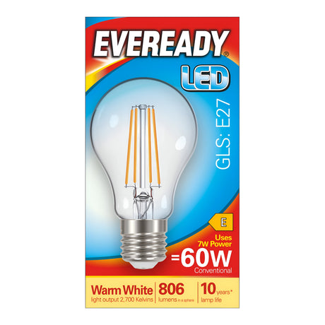 The packaging for the Eveready 7W Non-Dimmable LED GLS Filament Bulb emphasizes its energy-efficient qualities, detailing specifications such as E27 base, warm white light with a color temperature of 2700K, 806 lumens output, and 7 watts power consumption. It is equivalent to a traditional 60-watt bulb and offers a lifespan of up to 10 years. The box features an illustration of an LED filament bulb against the background.