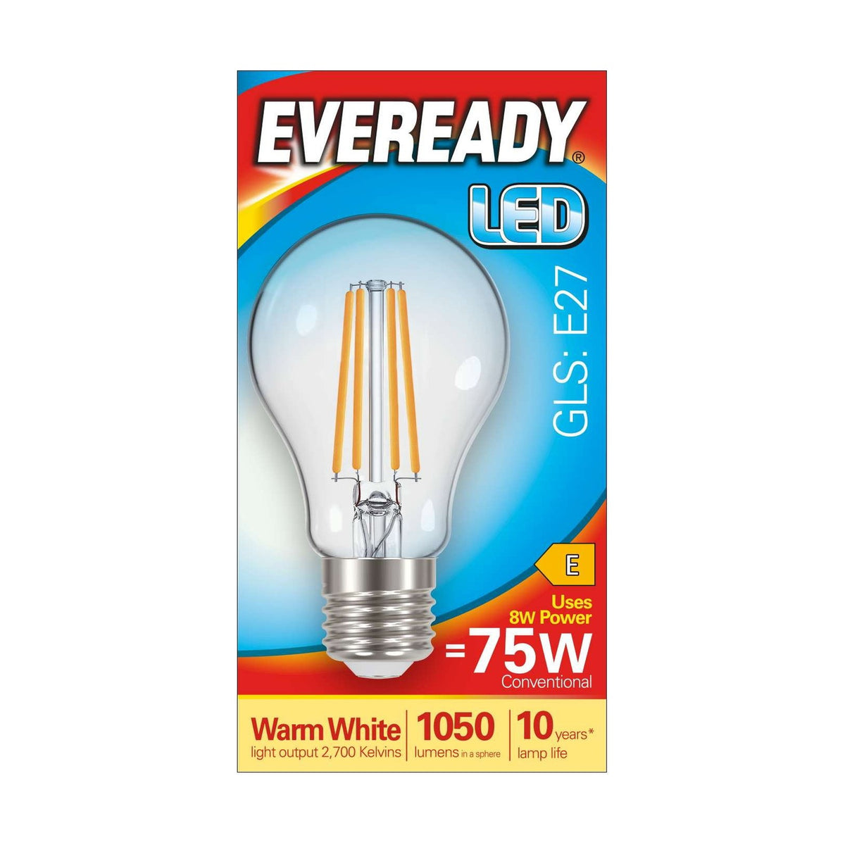 E27 (ES) LED Filament GLS Bulb 8W 1050lm - Warm White 2700K - Eveready retail pack