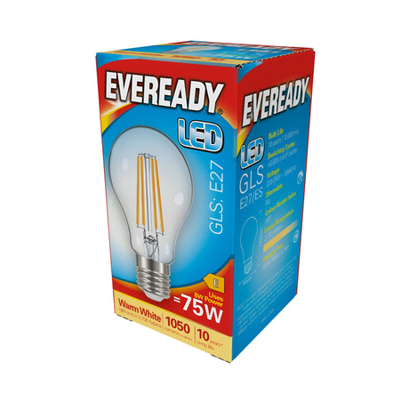 The image shows a blue and red box of an Eveready 8W LED filament bulb, E27 model, providing warm white light at 2700K. The packaging includes an illustration of the bulb.