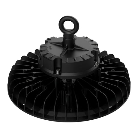The Lumilife 100W Essential UFO High Bay - 5700K is a black industrial LED high bay light with a circular design that features a ridged outer edge for heat dissipation and boasts an IP65 rating. It includes a loop on top for easy, dimmable installation.