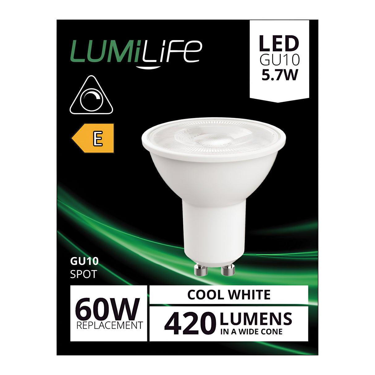 The image shows the packaging for a LumiLife 5.7W GU10 Dimmable LED Bulb in Cool White (4000K), emphasizing its role as an energy-efficient 60W replacement with 420 lumens. The black box with green accents highlights its energy-efficient features and carries an energy efficiency rating of E.