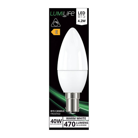 The image showcases the LumiLife 4.2W Dimmable LED Candle Bulb, Warm White, B15, 2700K, still in its packaging. This bulb serves as a replacement for a traditional 40W bulb and provides 470 lumens of warm white light with a frosted finish. It holds an energy rating of E, making it an efficient option for creating cozy lighting environments.