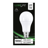 This image displays the packaging for a LumiLife 13.6W Dimmable LED GLS Bulb, featuring energy efficiency and a frosted design with a B22 fitting. The bulb, which emits 1521 lumens in cool white at 4000K, serves as a replacement for a traditional 100W bulb. The packaging is black with green accents.