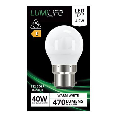 The LumiLife 5W Dimmable LED Golf Ball Bulb, model B22, features a frosted golf ball design and emits 470 lumens of warm white light at 2700K. With its energy efficiency rating of E, it serves as an ideal energy-efficient alternative to traditional 40W bulbs.