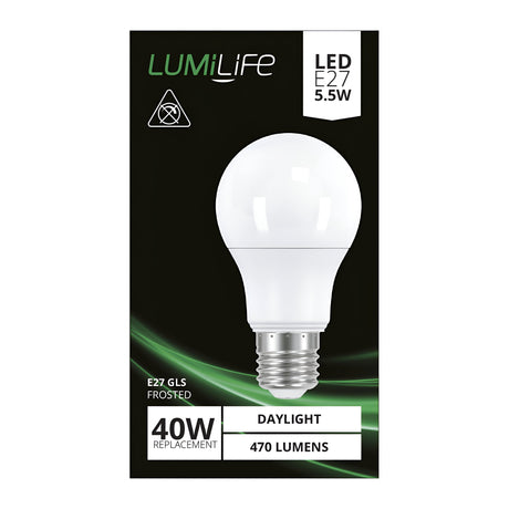 The packaging presents a LumiLife 4.9W Non-Dimmable LED GLS Bulb, designed in a frosted style with an E27 base, ideal as a replacement for a 40W bulb. This energy-efficient option offers daylight brightness at 470 lumens. The predominantly black packaging with green accents underscores its eco-friendly appeal.