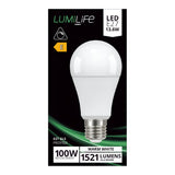 The LumiLife 13.6W Non-Dimmable LED GLS Bulb package highlights its energy efficiency and features: 13.6 watts, E27 fitting, warm white color temperature of 2700K, produces 1521 lumens, replaces a 100W bulb, has an energy rating of E, and comes with a frosted finish.