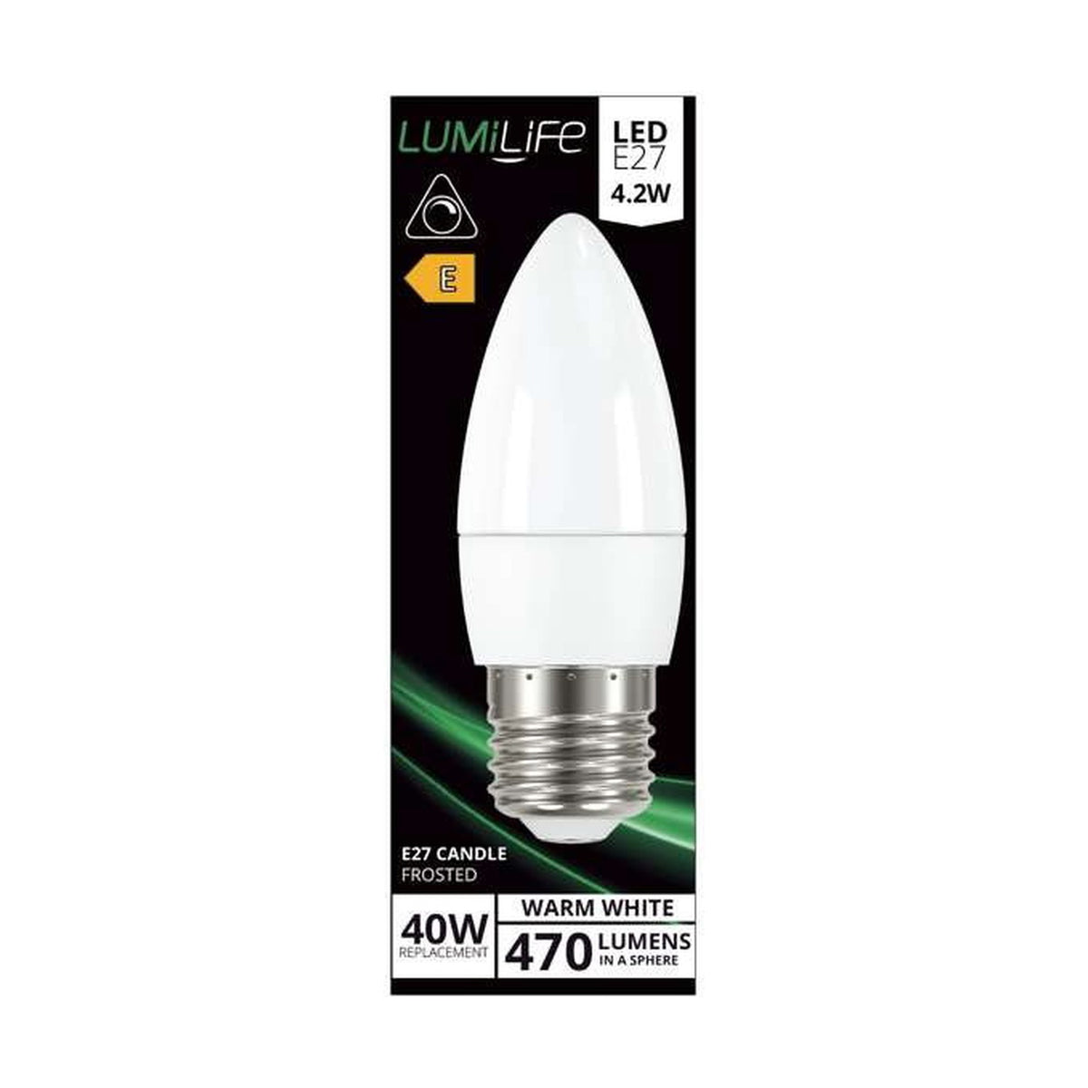 E27 LED Candle Bulb 4.2W 470lm Dimmable - Warm White 2700K - LumiLife