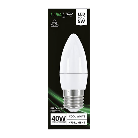 LUMiLife's 4.2W Dimmable LED Candle Bulb in Cool White (4000K) is designed to effortlessly replace a traditional 40W bulb. This energy-efficient bulb, which fits an E27 socket, emits 470 lumens of cool white light. It comes packaged in an elegantly designed black box with eye-catching green accents.