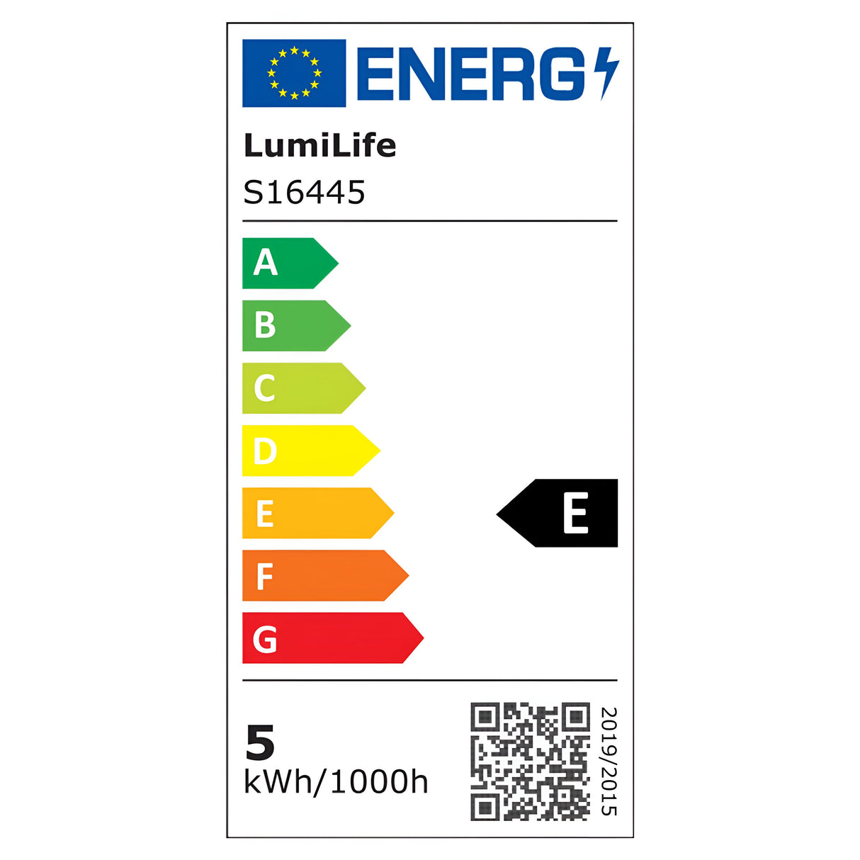 An energy label for the LumiLife 4.2W Dimmable LED Candle Bulb - Cool White, E27, 4000K (model S16445), rated E for efficiency, features a color scale ranging from A (green) to G (red) and indicates an energy consumption of 5 kWh/1000h. A QR code is located at the bottom right corner for additional information.