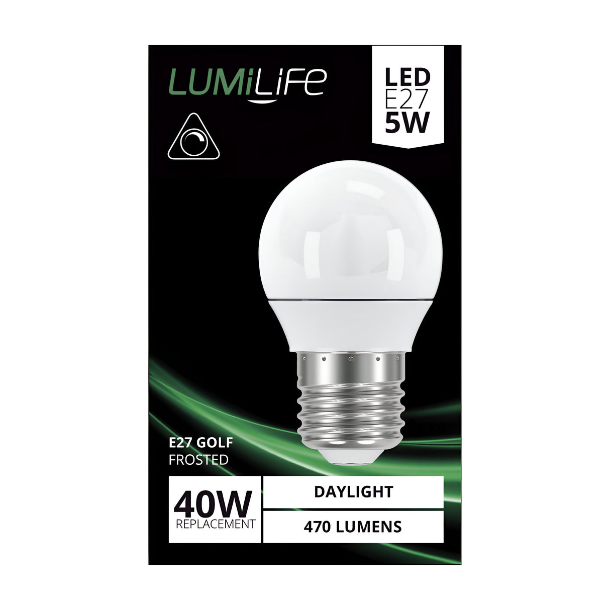 Packaging for a LumiLife 4.2W Dimmable LED Golf Ball Bulb features a daylight lighting effect with an E27 base and 6500K color temperature. The bulb is designed to replace a standard 40W bulb, offering energy-efficient illumination. The packaging is primarily black with striking green accents and highlights a round, frosted design that produces 470 lumens.