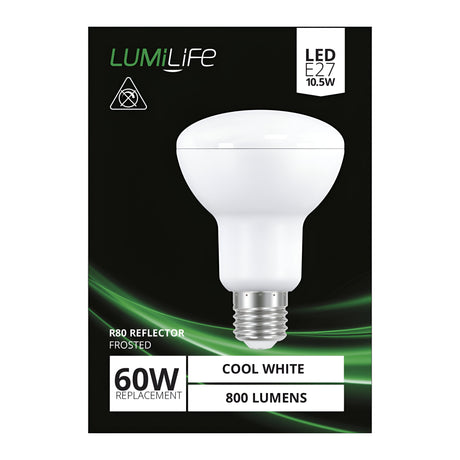 Image of a LumiLife 7.3W Non-Dimmable LED R80 Reflector Bulb package. This bulb, featuring an E27 base, effectively replaces a 60W bulb while consuming only 7.3W. It provides cool white light at 4000K, reflecting its energy-efficient design with an output of around 800 lumens. The packaging is set against a black background with green accents.