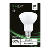 Image of a LumiLife LED bulb box, which highlights the energy-efficient 10.5W GU10 Dimmable LED Bulb with a daylight spectrum of 6500K. This frosted reflector design is an ideal replacement for 60W bulbs, providing 800 lumens of brightness. The predominantly black packaging with green accents features a central bulb image, illustrating its impressive efficiency.