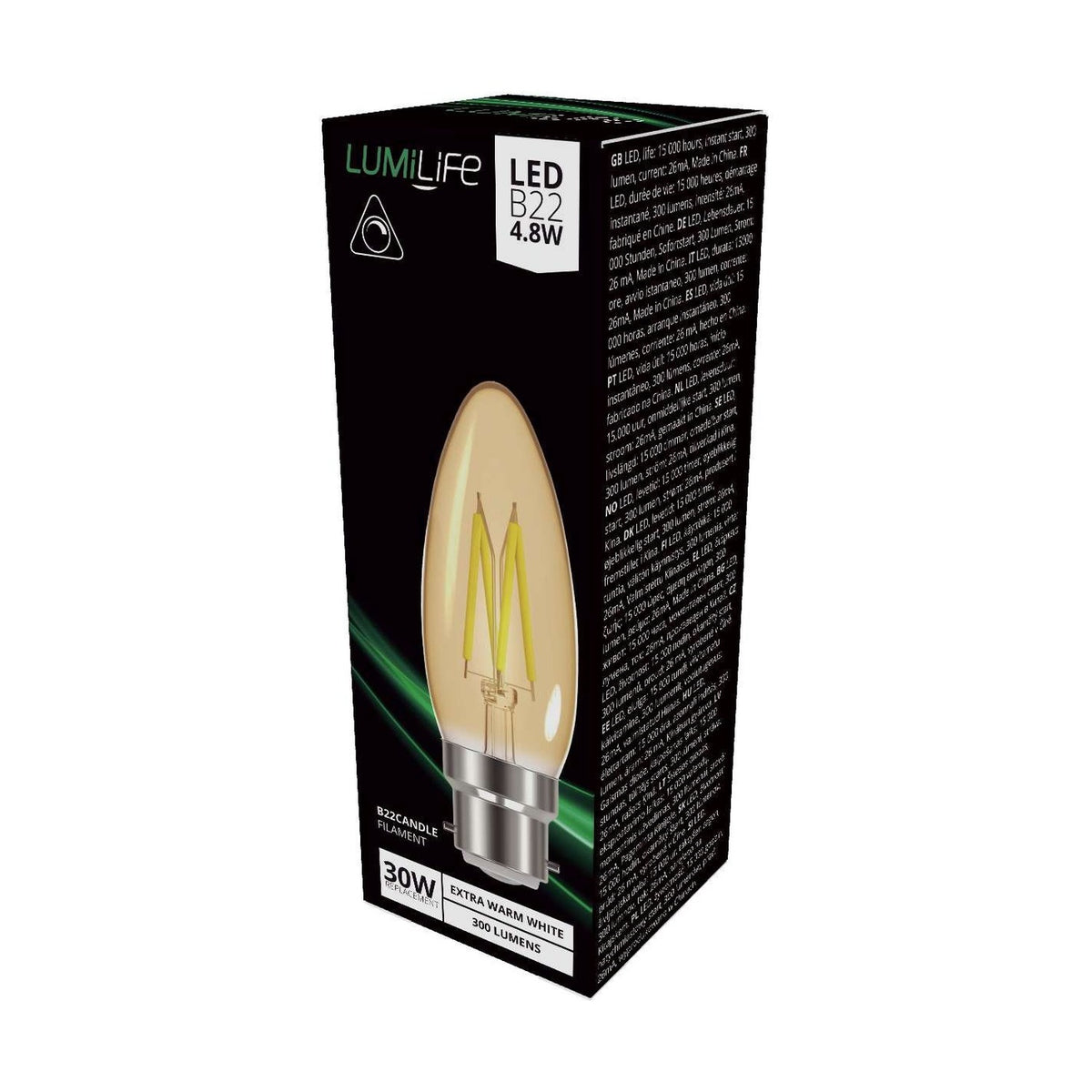B22 (BC) LED Candle Bulb 4.8W 330lm Dimmable - Warm White 2000K