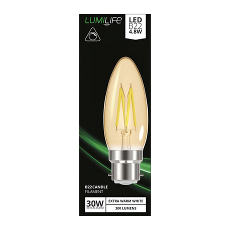 The image features a LumiLife 4.8W Dimmable LED Candle Filament Bulb in its unique green swirl packaging. This bulb, which provides warm white light at 2000K, uses only 4.8 watts to replace a traditional 30W bulb and offers a cozy illumination of 300 lumens.