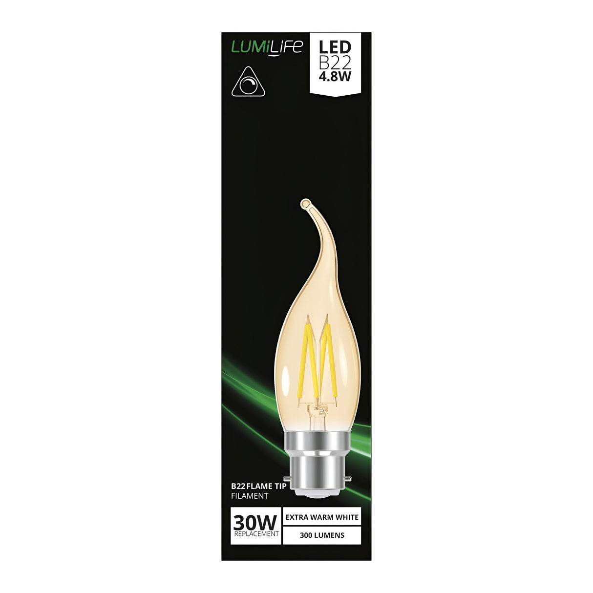 Packaging for a LumiLife 4W dimmable LED tip candle bulb in warm white with a B22 base and 2000K color temperature. The box highlights its design, offering it as a 30W incandescent replacement, producing 300 lumens of extra warm white light.