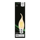 Packaging for a LumiLife 4W dimmable LED tip candle bulb in warm white with a B22 base and 2000K color temperature. The box highlights its design, offering it as a 30W incandescent replacement, producing 300 lumens of extra warm white light.