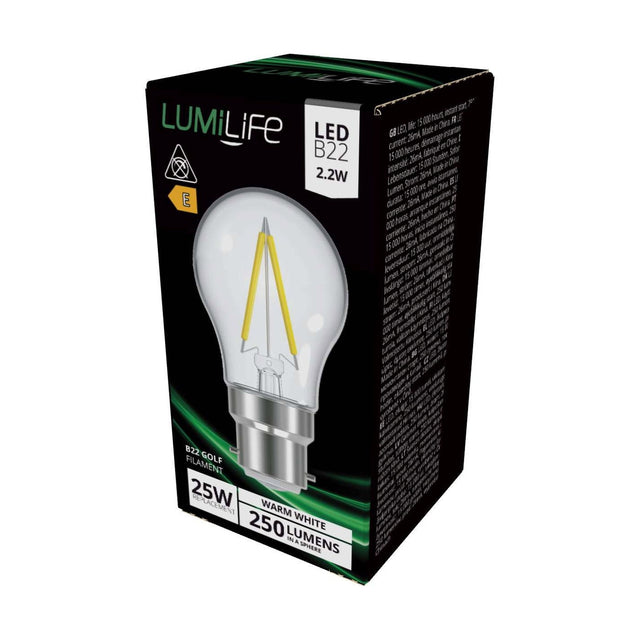 B22 (BC) LED Filament Golf Bulb 2.2W 250lm - Warm White 2700K