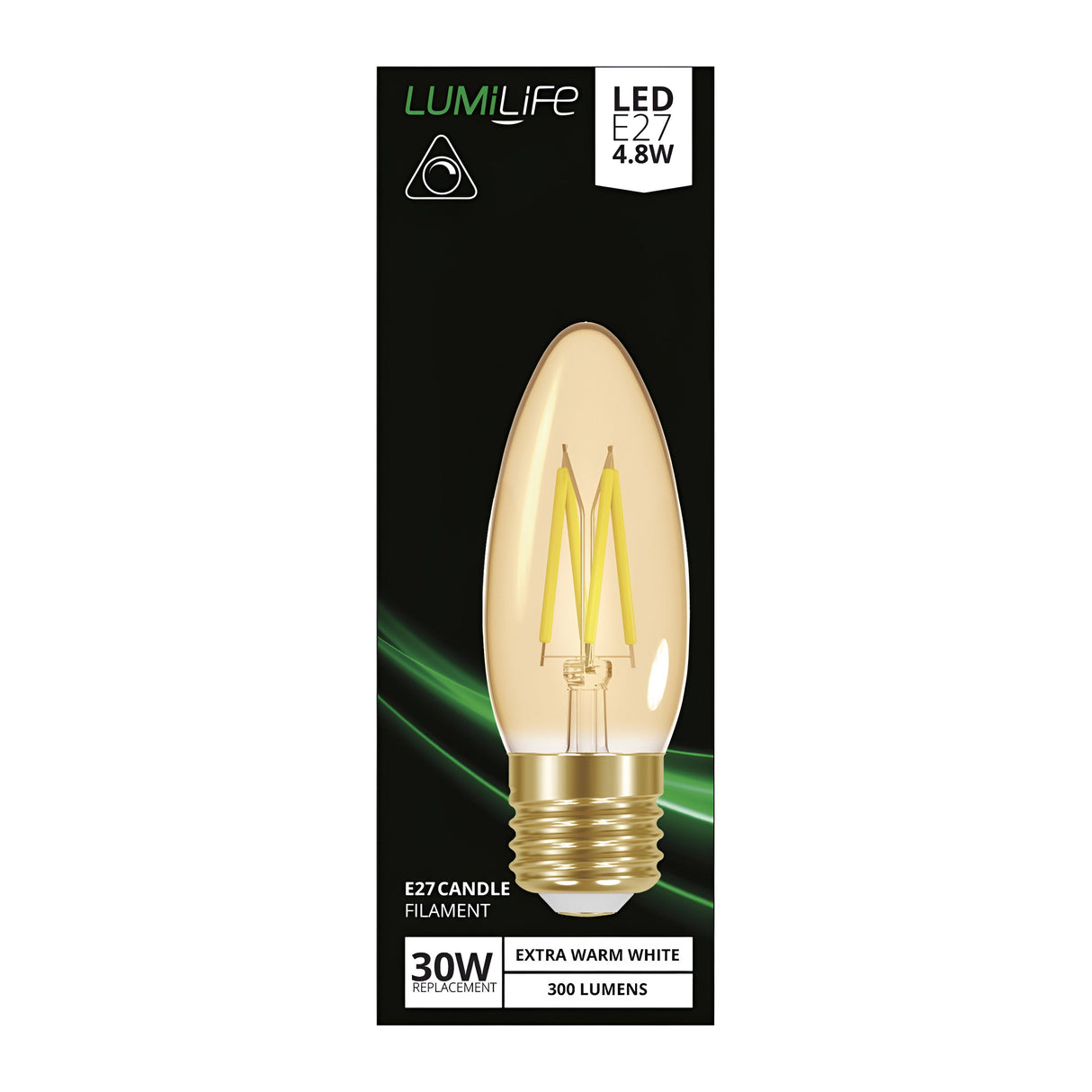 The packaging for the LumiLife 3.7W dimmable LED candle bulb features a candle-shaped design that emits a warm glow. Text highlights include it being a replacement for 30W bulbs, offering Extra Warm White light at 2200K and producing 300 lumens, with the added benefit of customizable ambiance through its dimmable functionality.