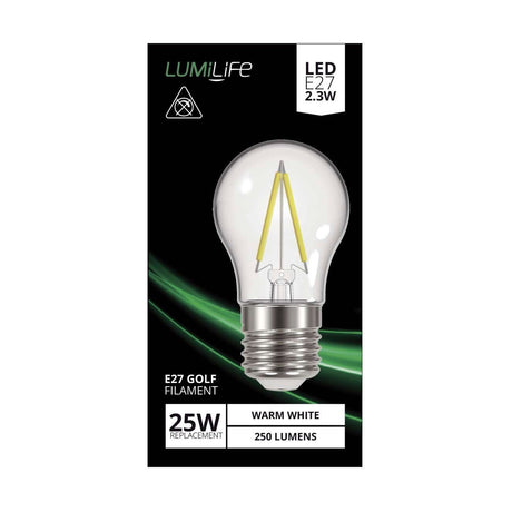 E27 (ES) LED Filament Golf Bulb 2.2W 250lm - Warm White 2700K