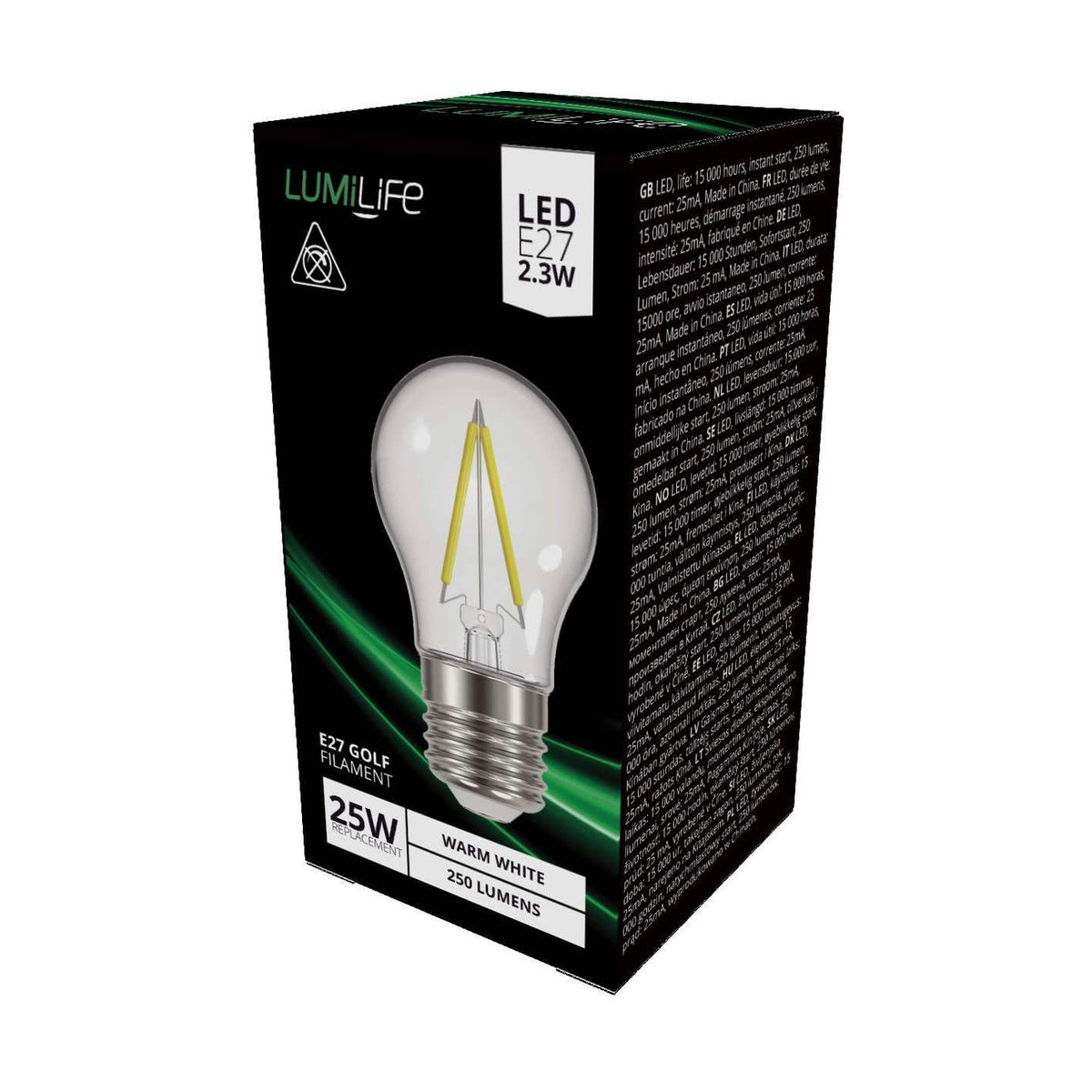 E27 (ES) LED Filament Golf Bulb 2.2W 250lm - Warm White 2700K